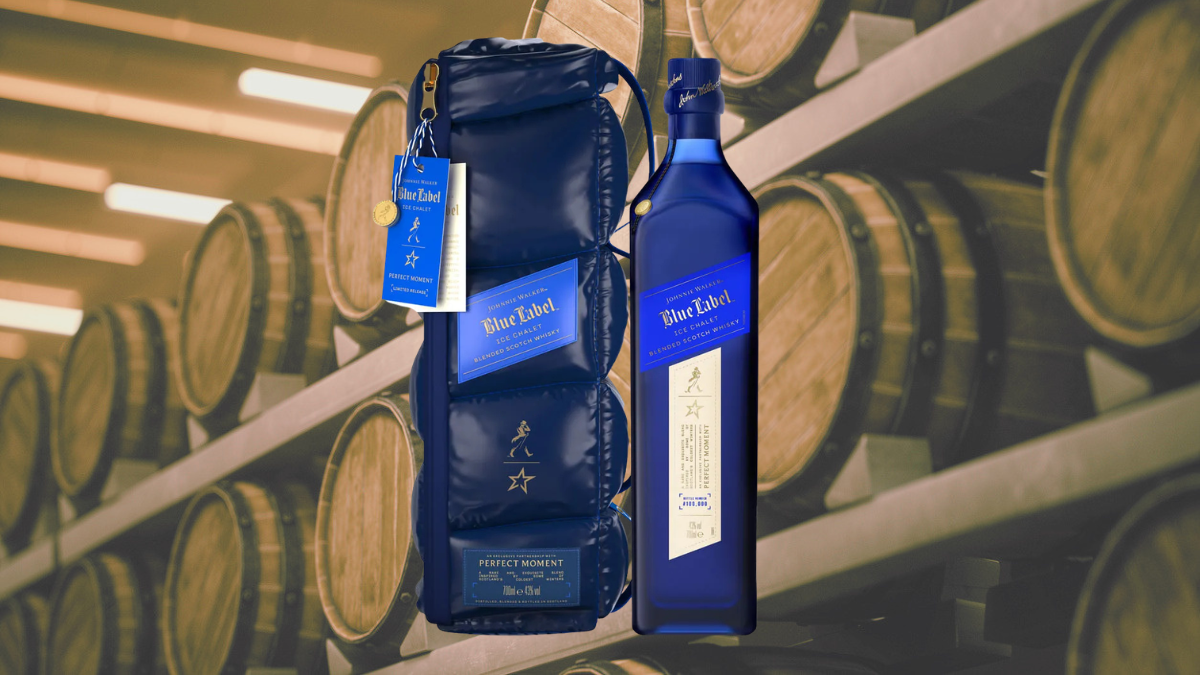 Johnnie Walker Blue Label Ice Chalet, R$ 2.711,90, uma garrafa e um case azul acolchoado