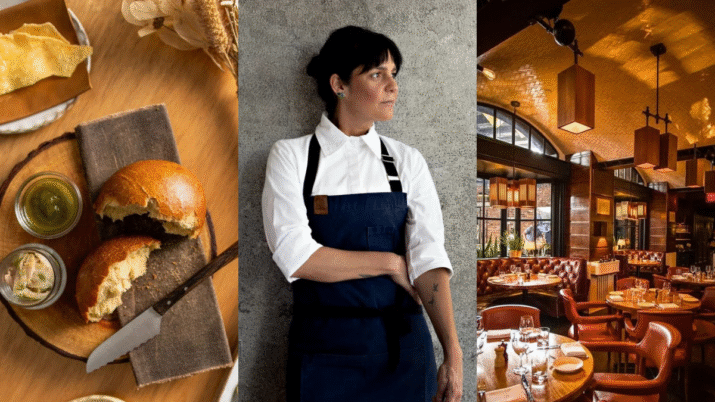Imagem dividida em três; na primeira parte, uma foto das entradas do menu pop-up de Manu Buffara vista de cima; na segunda, a chef Manu Buffara olhando para a direita; na terceira, uma imagem das mesas do The Standard Grill à meia-luz