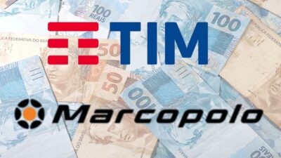 Em um fundo com notas de real, os logos da Tim e da Marcopolo aparecem em primeiro plano