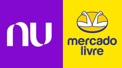 Logotipos do Nubank, sobre fundo roxo, e do Mercado Livre, sobre fundo amarelo, lado a lado