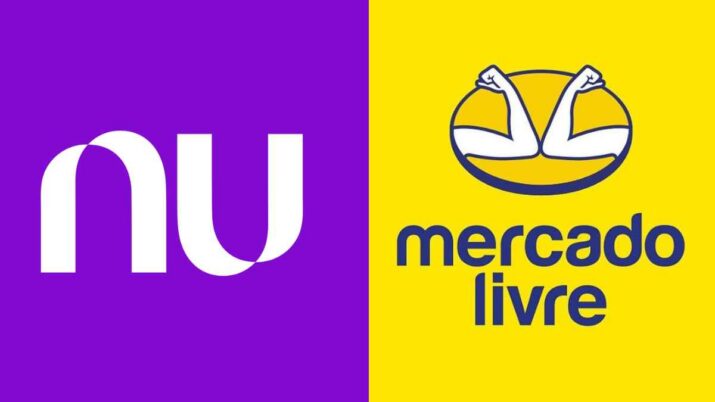 Logotipos do Nubank, sobre fundo roxo, e do Mercado Livre, sobre fundo amarelo, lado a lado
