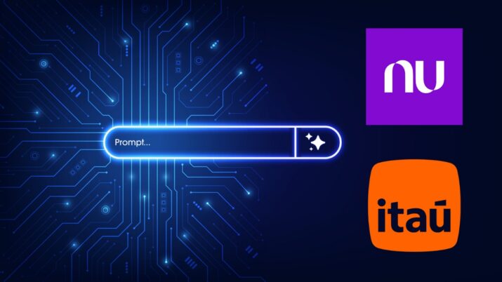Imagem ilustra Nubank e Itaú liderando a corrida por inteligência artificial (IA). Ao fundo, o conceito de IA gera um prompt. À frente, os logos de Itaú e Nubank