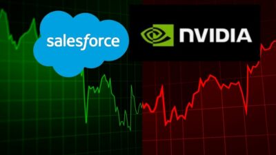 Gráfico de ações metade em verde e metade em vermelho. Na metade verde, o logo da Salesforce. Na metade em vermelho, o logo da Nvidia.