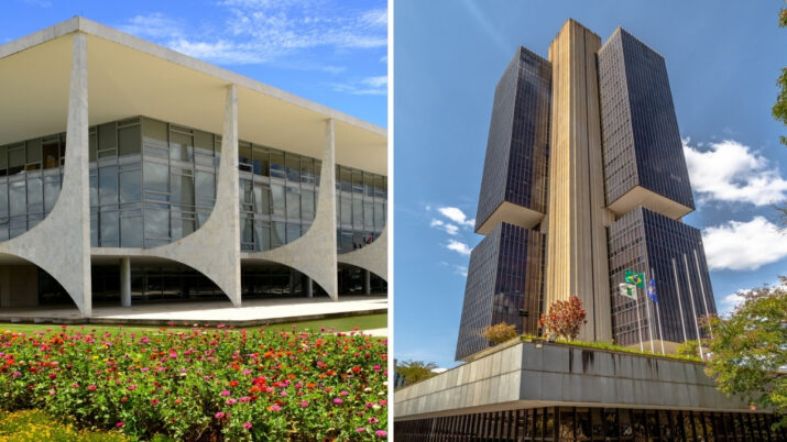 Imagem mostra, à esquerda, o prédio do Palácio do Planalto e, à direita, a sede do Banco Central