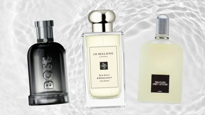 Três frascos de perfume, BOSS, Jo Malone e Tom Ford, os três são na paleta de preto;branco e transparente sobre um background aquoso