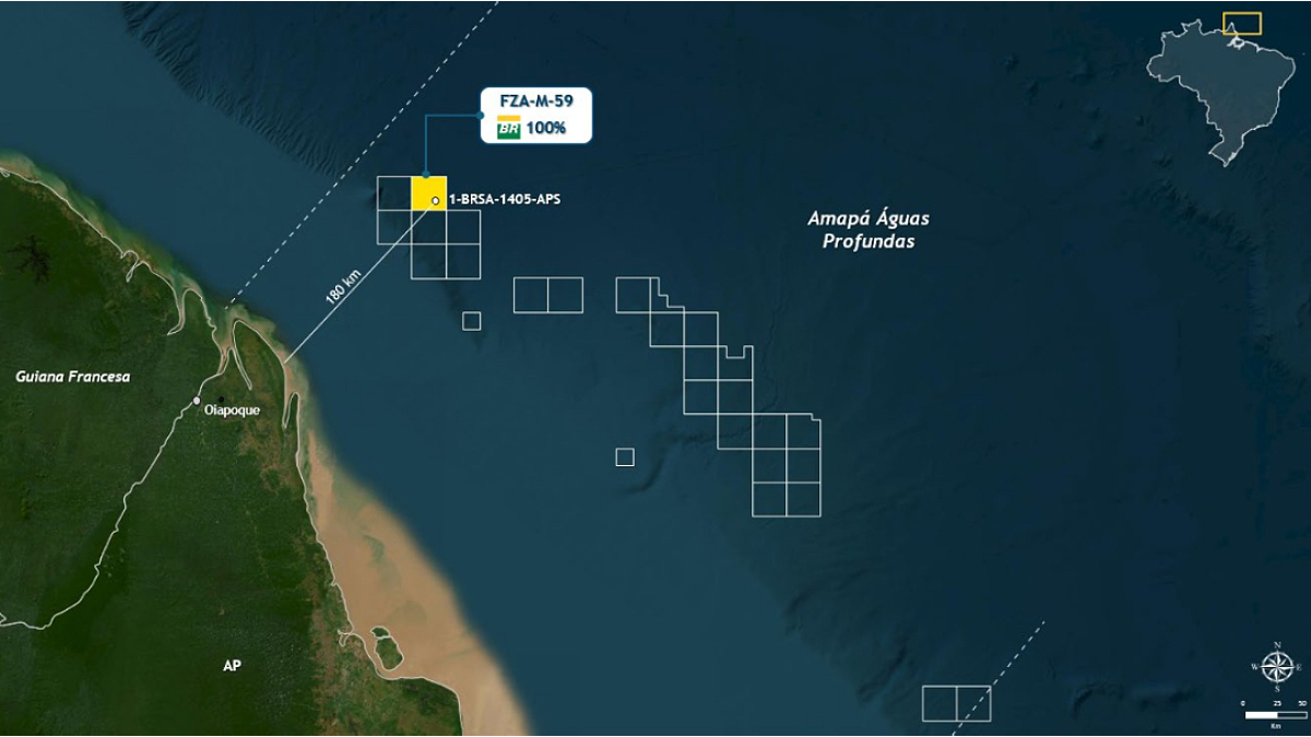 Mapa sinaliza o local da descoberta da Petrobras em águas profundas do Amapá