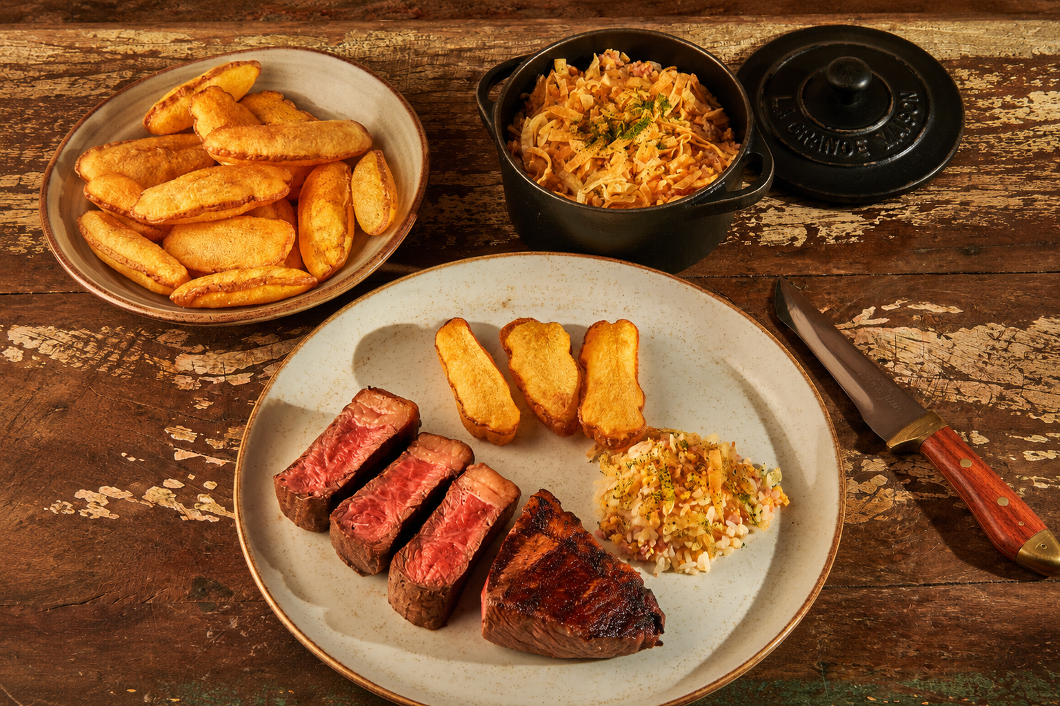 carne, batata e arroz sobre mesa de madeira