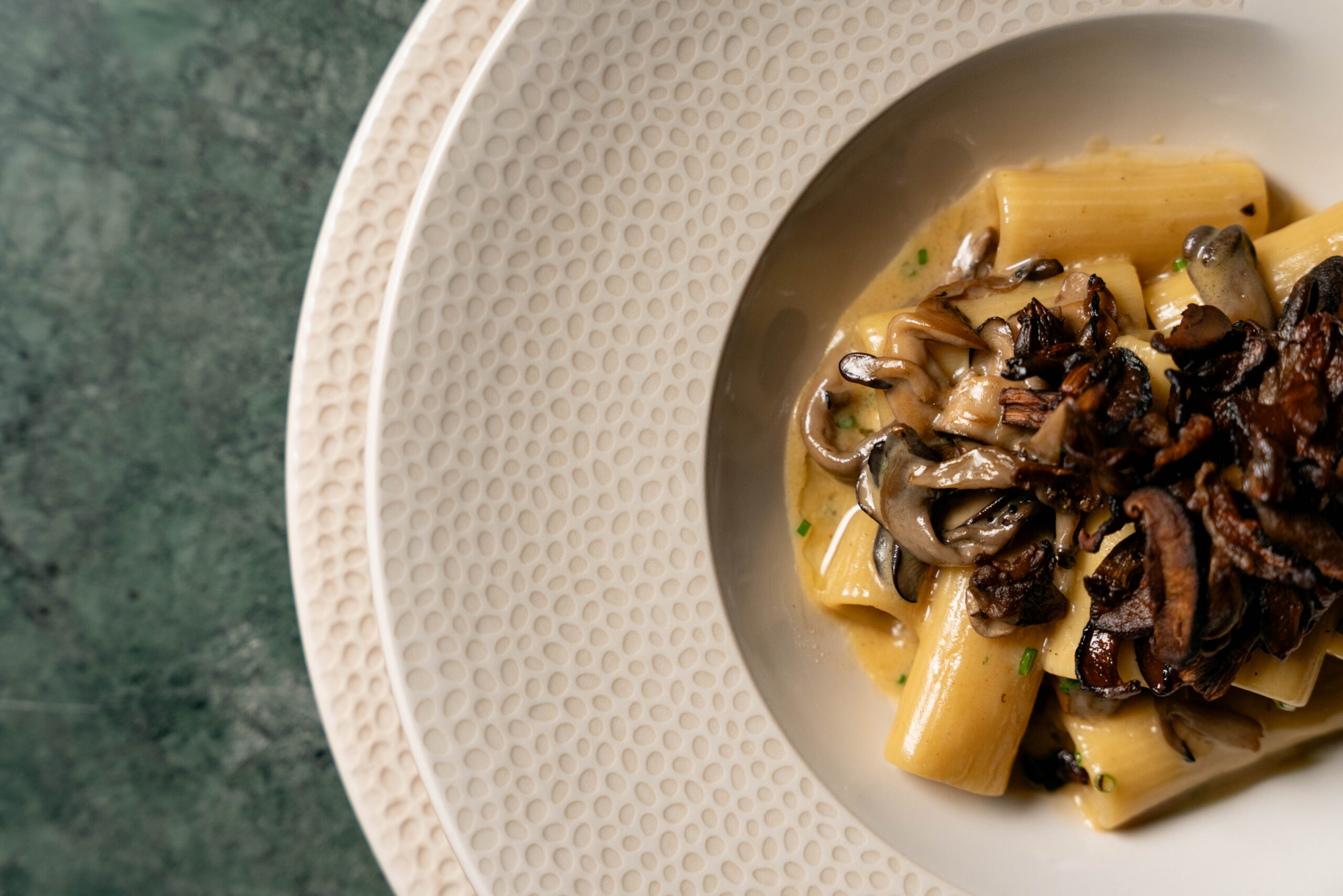 Rigattoni com creme de cogumelos e cogumelos salteados oleo de porcini