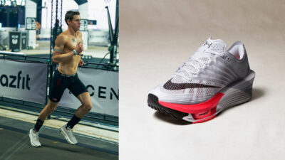 Homem pratica Hyrox ao lado esquerdo; imagem de novo tênis da Nike à direita