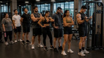 Imagem criada por inteligência artificial mostra uma fila de pessoas para usar um aparelho em uma academia. Homens e mulheres aguardam para usar o equipamento de crossover