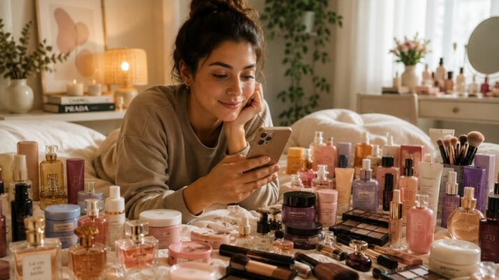 Imagem criada por inteligência artificial mostra uma mulher branca e com cabelo castanho olhando o celular. Ao redor dela, estão perfumes, cremes, maquiagens, pincéis e outros cosméticos.