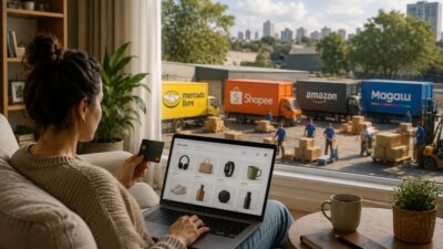 Imagem mostra uma mulher no sofá de sua casa comprando itens para a casa em um comércio eletrônico. Ao fundo, estão diversos caminhões de empresas como Mercado Livre, Shopee, Amazon e Magalu, simbolizando a guerra do e-commerce
