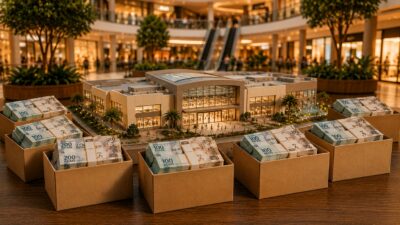 Imagem gerada por inteligência artificial mostra uma miniatura de shopping center dentro de um shopping. ao redor, há caixas com notas de reais, simbolizando dinheiro guardado em caixa, investimentos ou aquisições