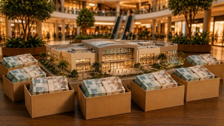 Imagem gerada por inteligência artificial mostra uma miniatura de shopping center dentro de um shopping. ao redor, há caixas com notas de reais, simbolizando dinheiro guardado em caixa, investimentos ou aquisições