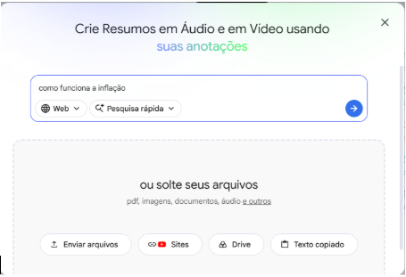 Tela do Gemini Notebook, antigo Notebook LM, ferramenta de IA do Google