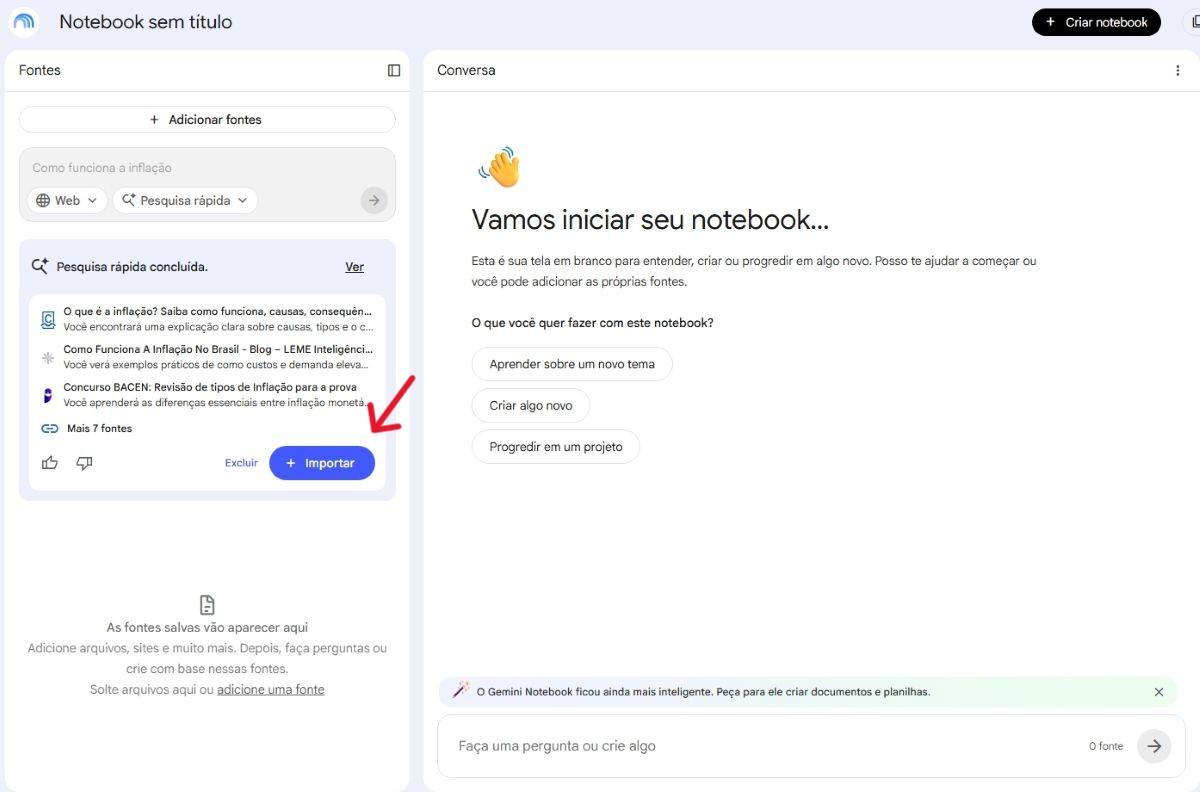 Tela do Gemini Notebook, antigo Notebook LM, ferramenta de IA do Google