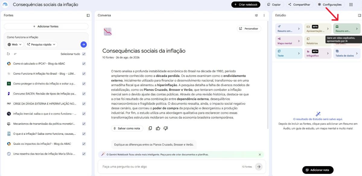 Tela do Gemini Notebook, antigo Notebook LM, ferramenta de IA do Google