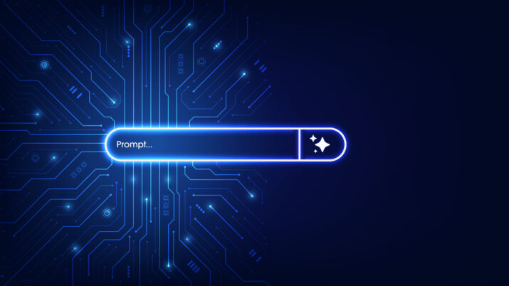 Conceito de inteligência artificial (IA) gera um prompt. Barra generativa e de pesquisa na placa-mãe do circuito futurista.