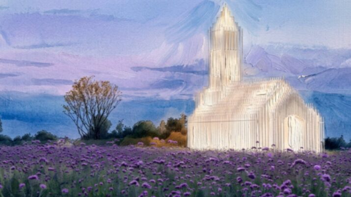 Ilustração gerada por IA de uma igreja moderna branca no meio de um campo de flores roxas.