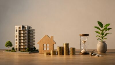 Imagem gerada por inteligência artificial mostra um prédio, uma casa, moedas e uma ampulheta, representando o rendimento em aluguéis ou fundos imobiliários ao longo do tempo