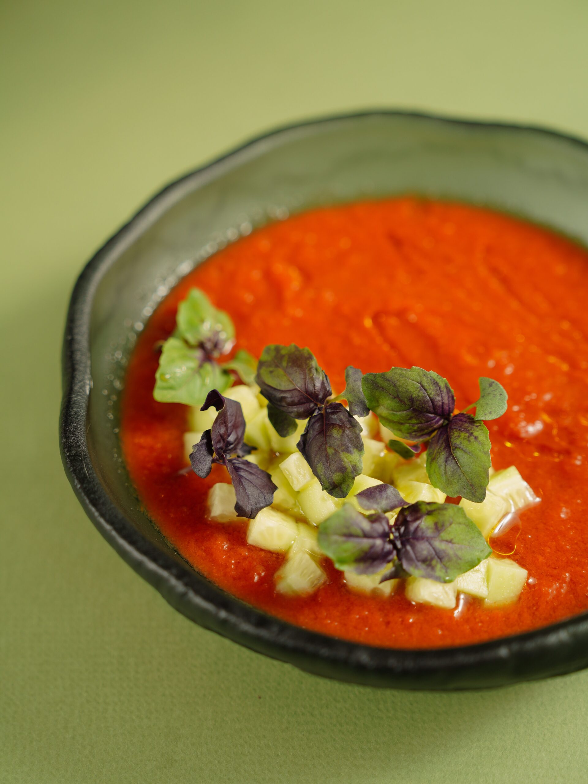 Tigela com Gazpacho. espécie de sopa vermelha