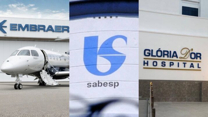Montagem com fotos da Embraer, Sabesp e um hospital da Rede D'Or