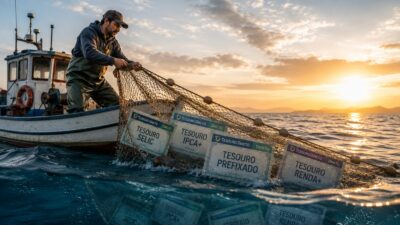 Imagem gerada por inteligência artificial mostra um pescador puxando vários títulos do tesouro direto em sua rede de pesca, como tesouro prefixado, Selic, IPCA+