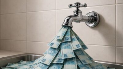 Torneira com cédulas de reais para representar dividendos e renda extra