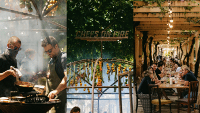 Três cenas de edições anteriores do Chefs on Fire: dois chefs cuidando de uma brasa, legumes pendurados sobre outra brasa com o nome do evento (chefs on fire) em cima, e mesa do evento