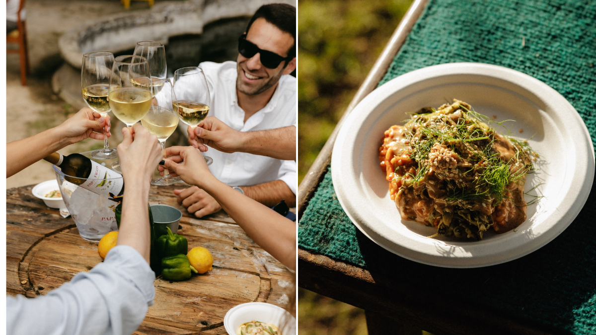 Duas cenas de edições anteriores do Chefs on Fire: em uma foto, participantes brindam com vinho branco em uma mesa, na outra, um dos pratos servidos
