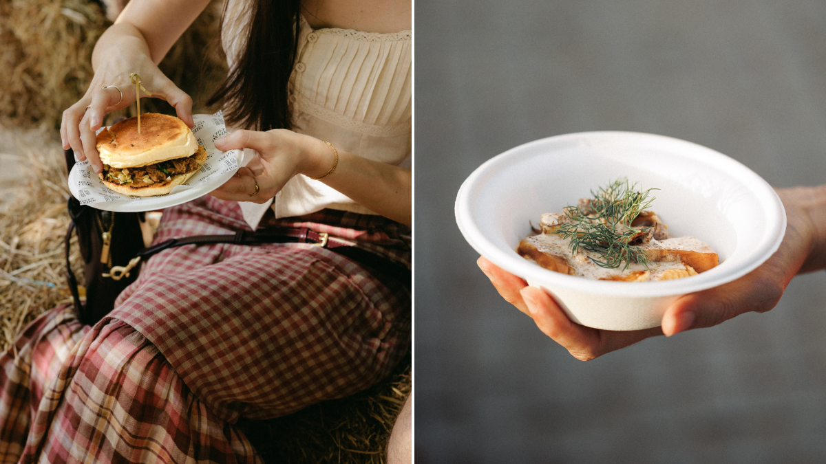 Duas cenas de edições anteriores do Chefs on Fire: em uma foto, mulher come um sanduíche; em outra, um dos pratos servidos