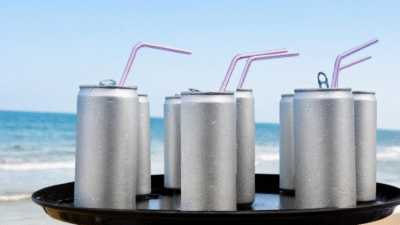 Latas sobre uma bandeja na praia