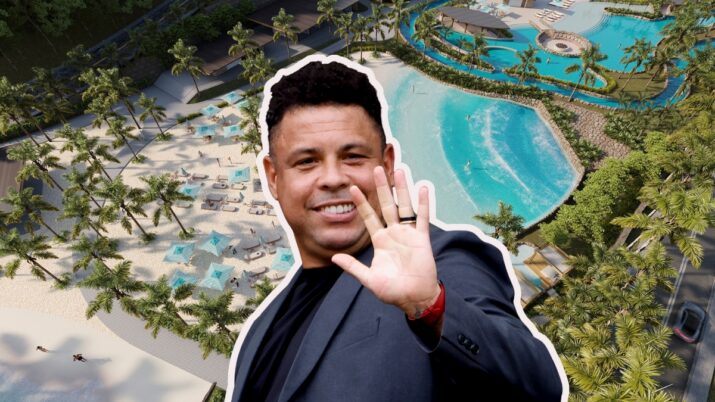 Colagem de Ronaldo Nazario acenando e Simulação de Reserv Beach Club ao fundo