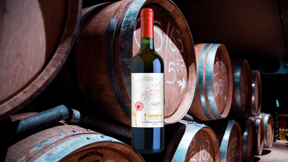 Montagem com garrafa de Cabernet Sauvignon em frente a barrica de Cabernet Sauvignon