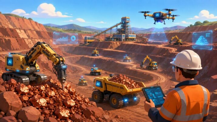 Imagem criada por inteligência artificial mostra tratores e escavadoras em uma mina de cobre. Há também diversos robôs, um drone e outras tecnologias com uso de IA