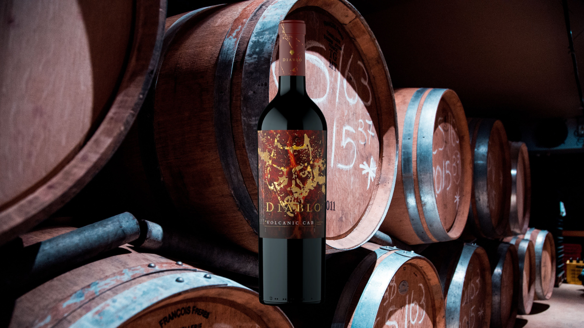 Montagem com garrafa de Cabernet Sauvignon em frente a barrica de Cabernet Sauvignon