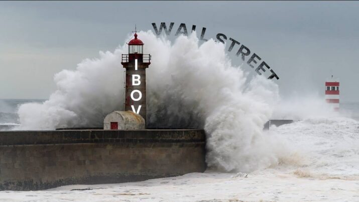 Um farol escrito Ibov é atingido por uma onda forte escrito Wall Street