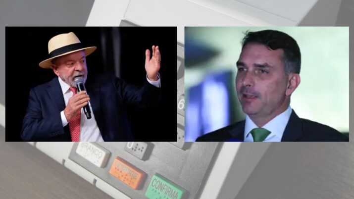 O presidente Luiz Inácio Lula da Silva (esquerda) e Flávio Bolsonaro (direita) aparecem em uma montagem com um fundo de urna eletrônica