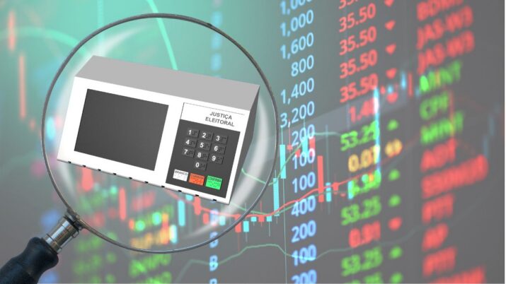 Montagem que traz um fundo de gráficos de ações. Do lado direito, uma lupa e dentro da lupa, urna eletrônica