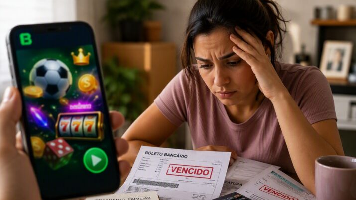 Mulher consulta aplicativo de apostas no celular enquanto analisa boletos vencidos