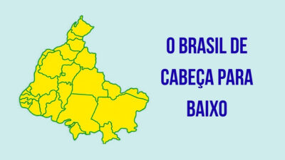 Mapa do Brasil de cabeça para baixo em ilustração sobre cartografia e orientação geográfica. A imagem mostra o território brasileiro invertido para demonstrar que não existe uma posição cientificamente correta para representar países em mapas, tema relacionado aos mapas-múndi do IBGE com Brasil no centro e hemisfério Sul no topo.