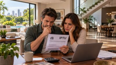 Imagem gerada por inteligência artificial mostra um casal olhando para uma conta de IPTU em uma casa espaçosa