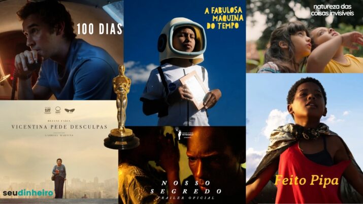 Seis filmes brasileiros finalistas da seleção para o Oscar 2027 aparecem em montagem ao lado de uma estatueta do Oscar.