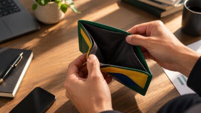 Imagem gerada por inteligência artificial mostra mãos de homem abrindo uma carteira nas cores da bandeira brasileira vazia, sem dinheiro