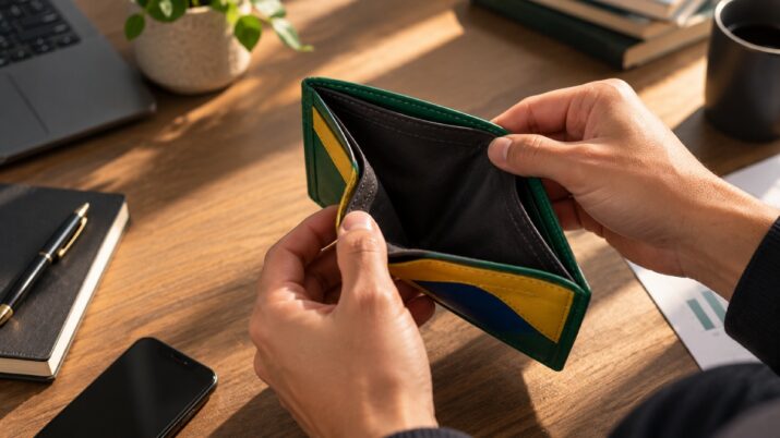 Imagem gerada por inteligência artificial mostra mãos de homem abrindo uma carteira nas cores da bandeira brasileira vazia, sem dinheiro