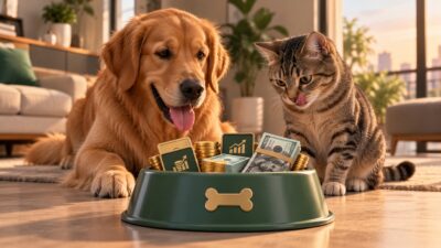 Imagem gerada por inteligência artificial mostra um cachorro e um gato diante de um pote de ração, cheio de dividendos e retornos de ações