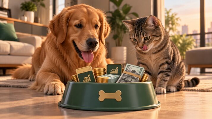 Imagem gerada por inteligência artificial mostra um cachorro e um gato diante de um pote de ração, cheio de dividendos e retornos de ações