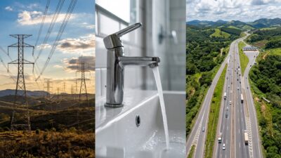 Colagem para representar três segmentos de infraestrutura: energia elétrica, saneamento e concessão de rodovias