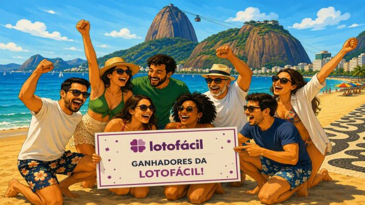Apostadores comemoram prêmio da Lotofácil com o Pão de Açúcar ao fundo.