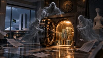 Imagem gerada por inteligência artificial mostra fantasmas ao redor de um cofre público, cheio de notas de real, sacos de dinheiro e pilhas de moedas